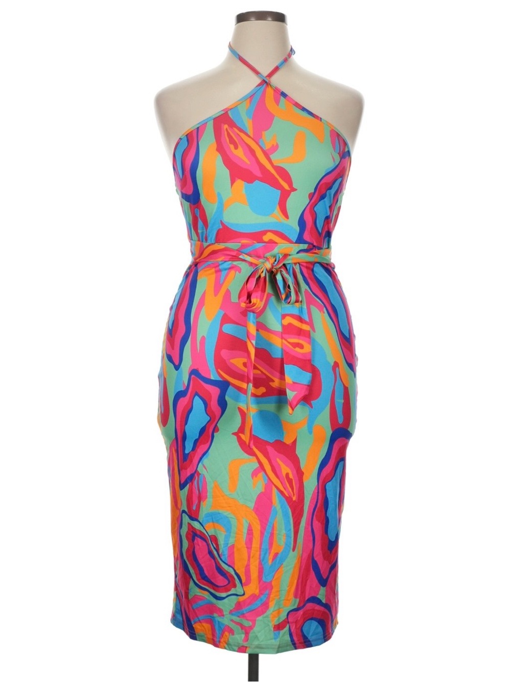 Colorful Abstract Halter Swim Dress - Pink & Aqua